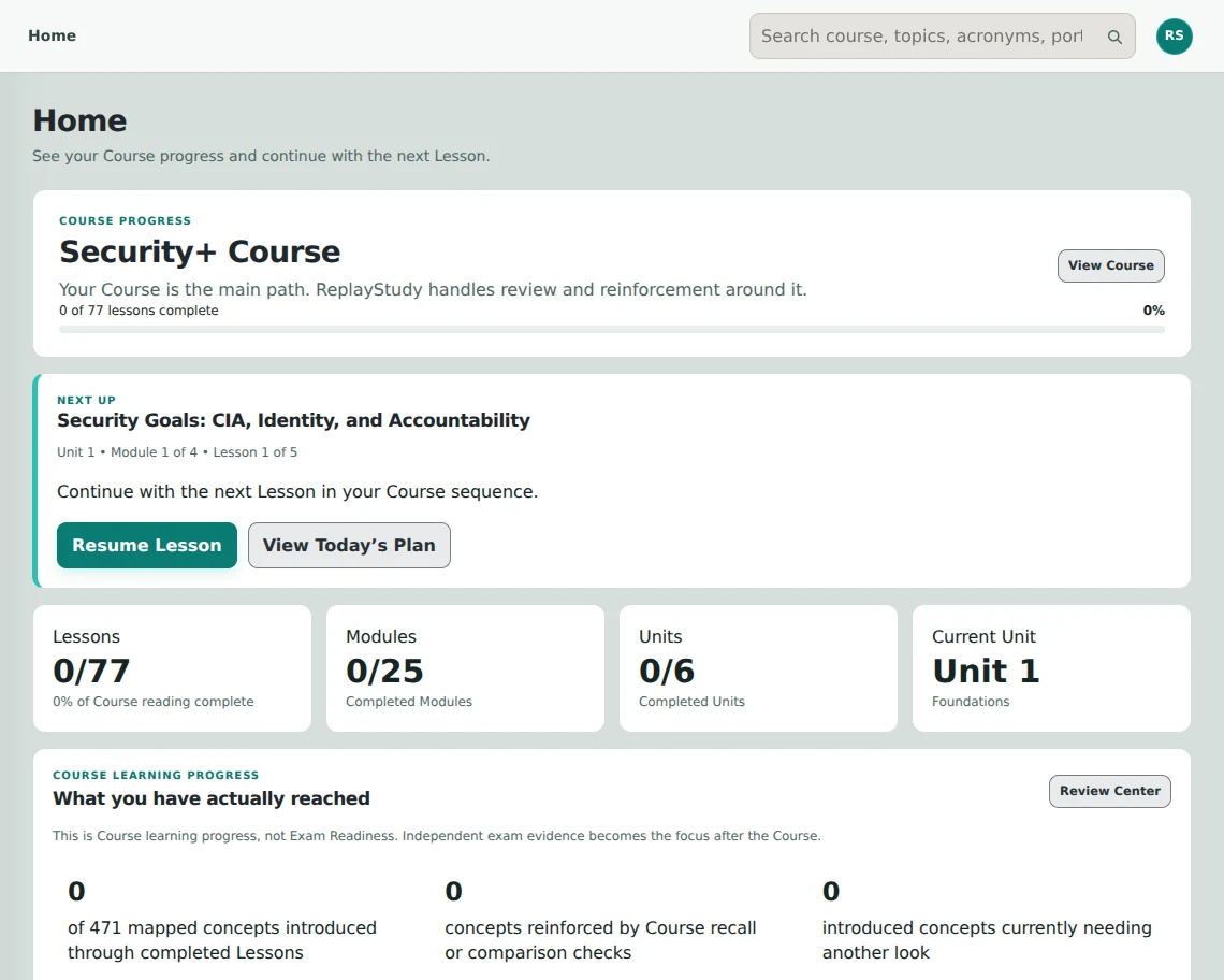 ReplayStudy Training Center showing guided course progress and the next lesson